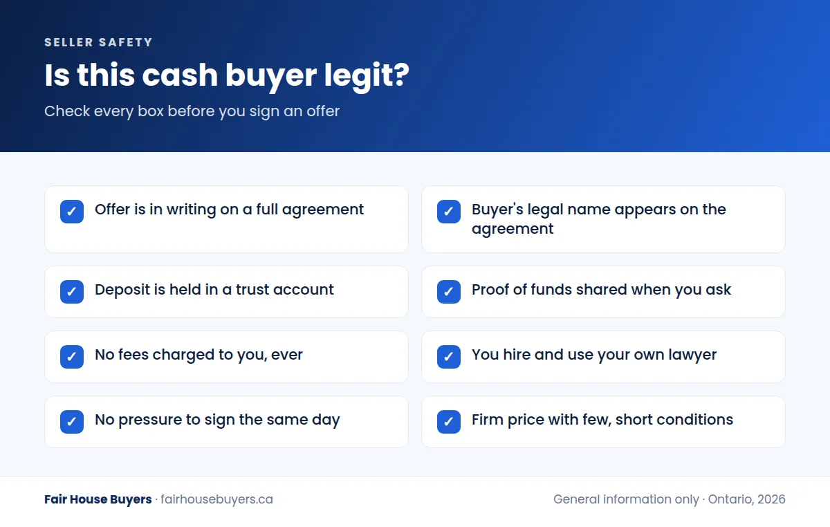 Checklist to tell whether cash home buyers are legit, covering written offers, deposits in trust, proof of funds and using your own lawyer