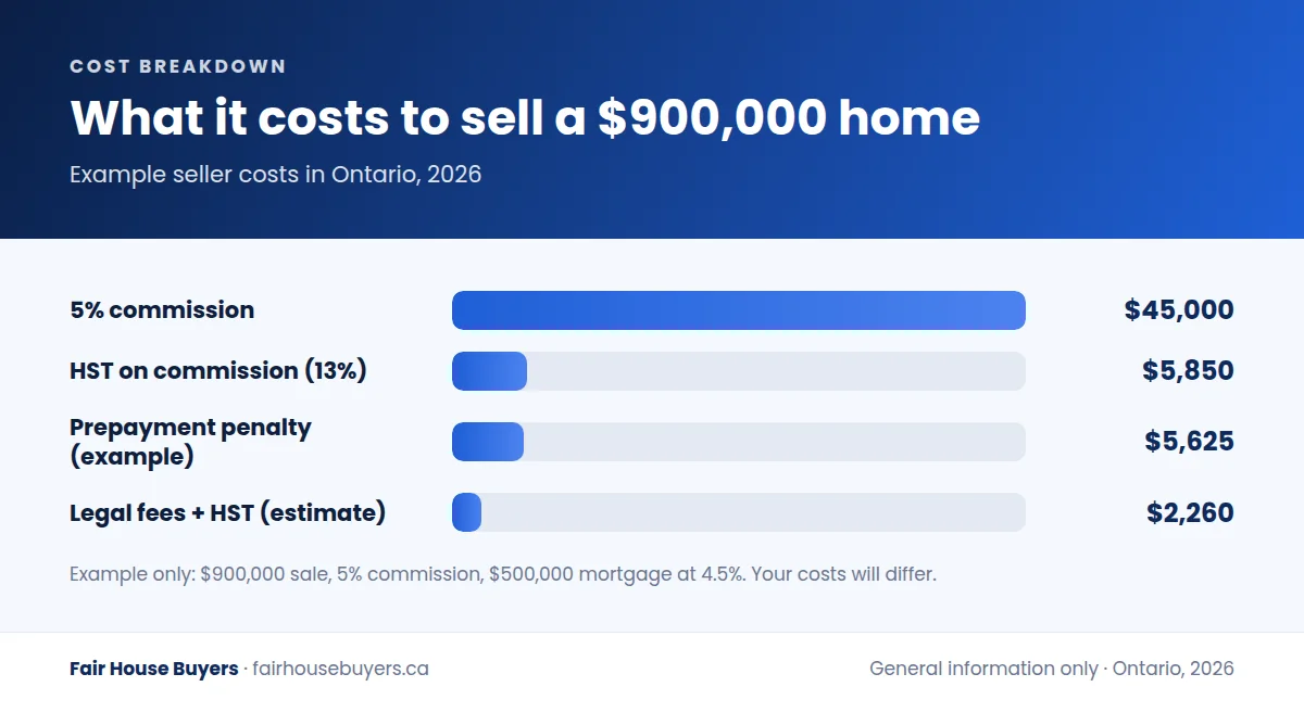 Bar chart of the cost to sell a house in Ontario on a $900,000 example: commission, HST, prepayment penalty and legal fees