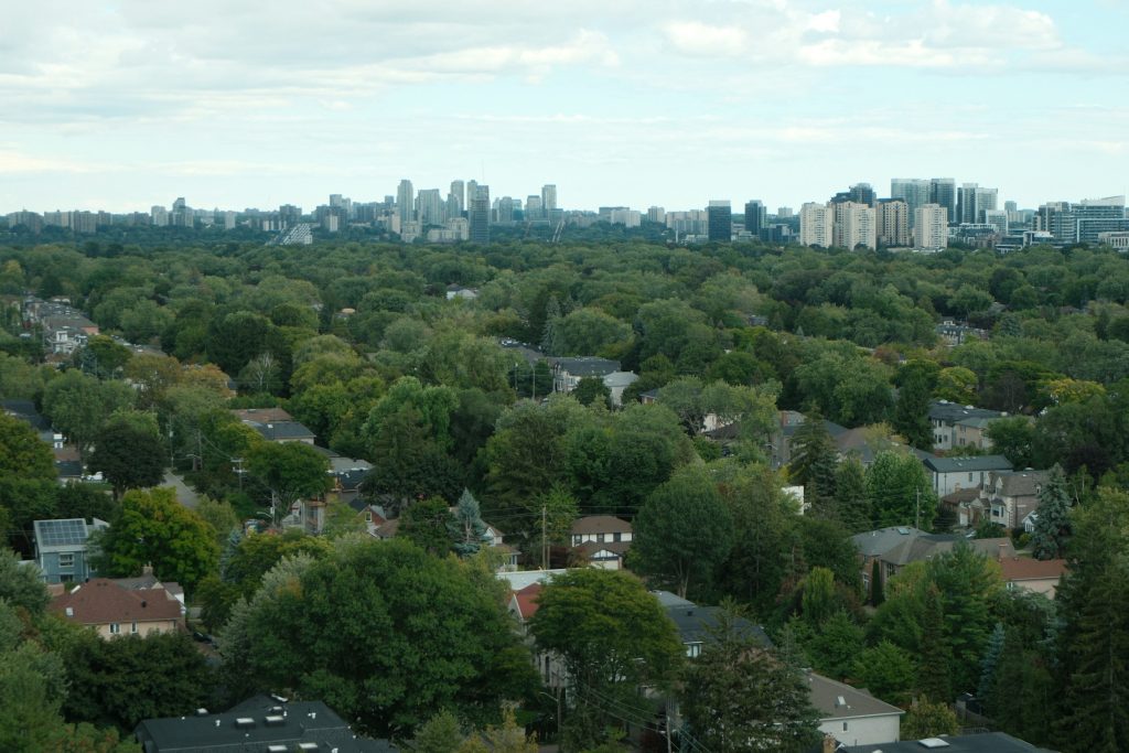 Aerial view of Toronto neighbourhoods and the skyline