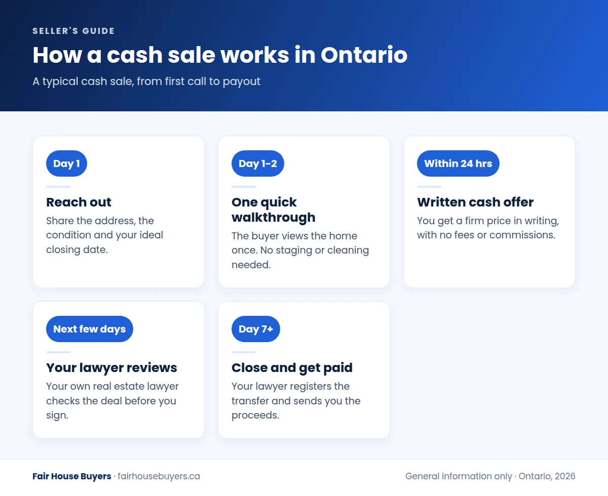 Timeline showing how to sell a house for cash in Ontario, from first call to written offer, lawyer review and closing day